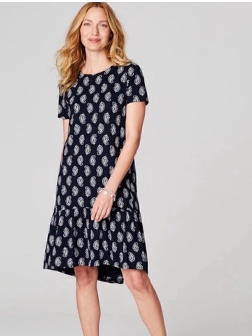 J. Jill Navy Paisley Short-Sleeve Tiered Mini Dress w/ ruffled high low hem NWOT